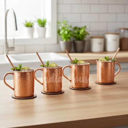 Straight Hammered Copper Moscow Mule Mug on display