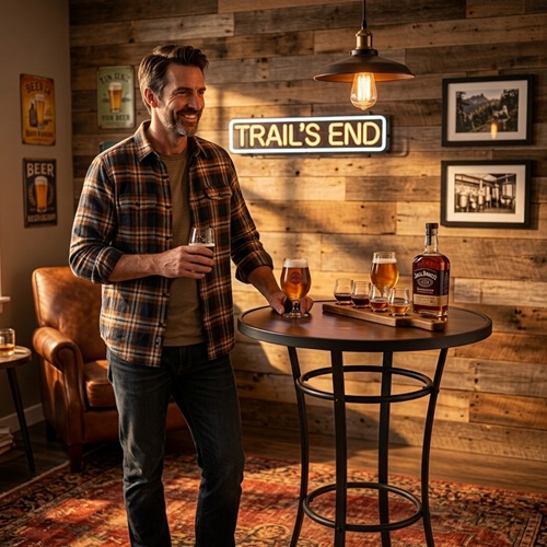 Best Man Cave Furniture: 10 Essential Pieces for the Ultimate Hangout: Bar Table Barman standing near bar table