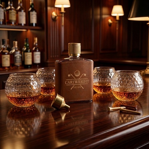Leather Golf Whiskey Flask and Glasses on display