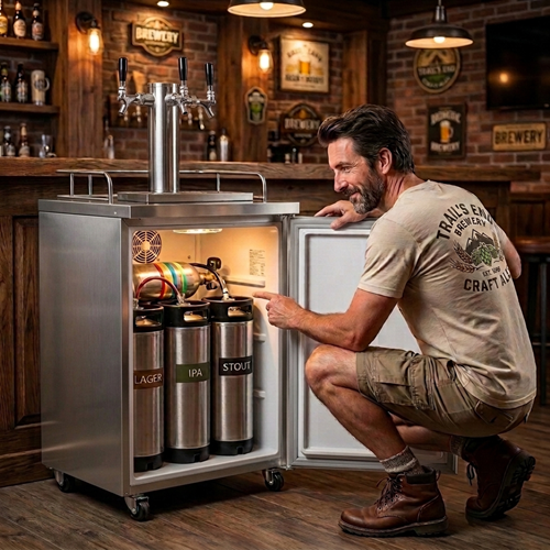 Barman looking into the Triple Tap Draft Beer Kegerator