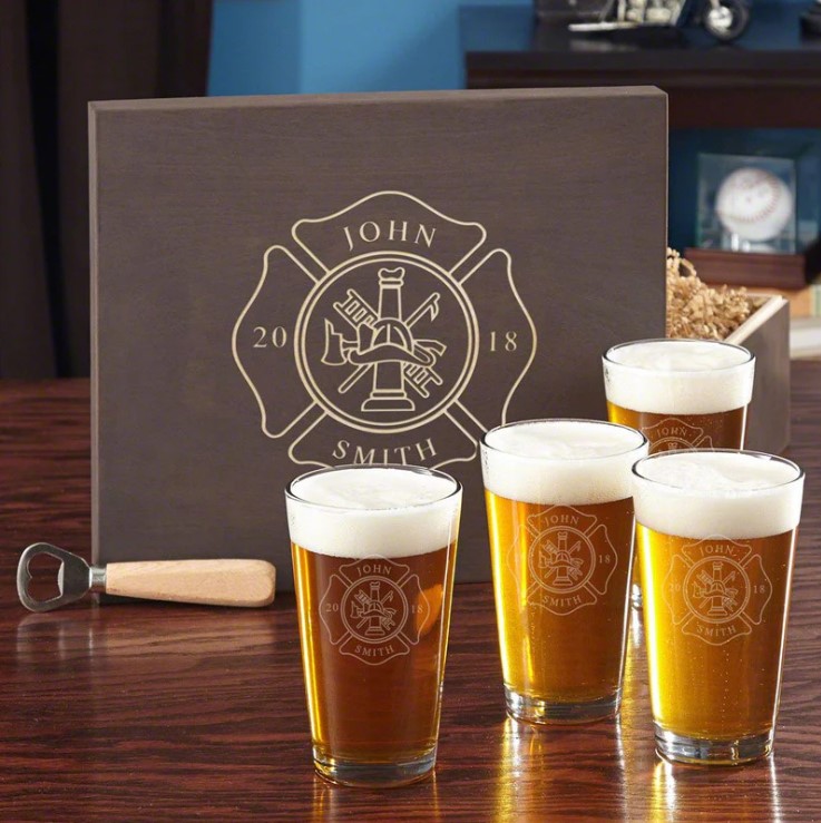 Firefighter Custom Beer Set with Engraved Wood Gift Box