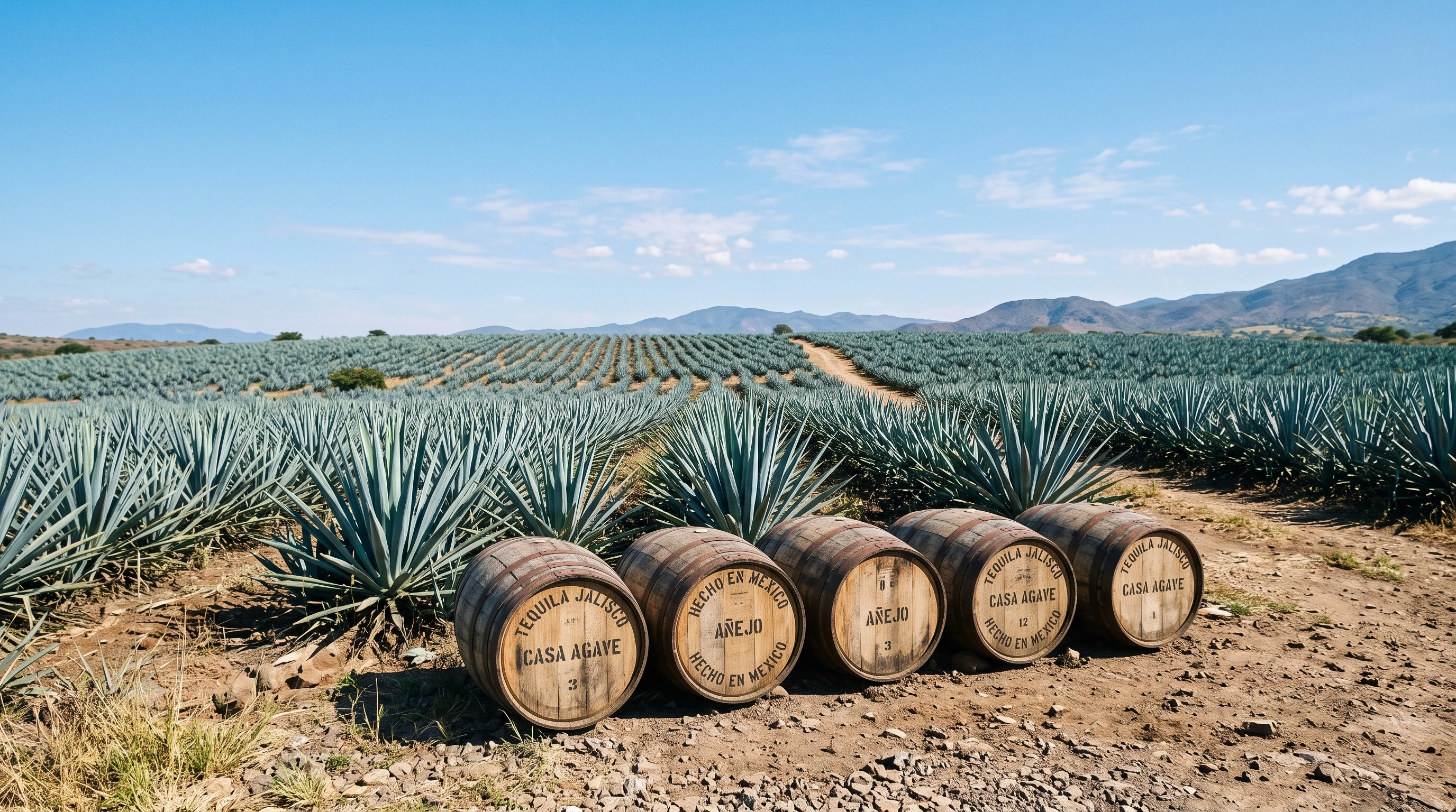 Blue agave fields and tequila barrels