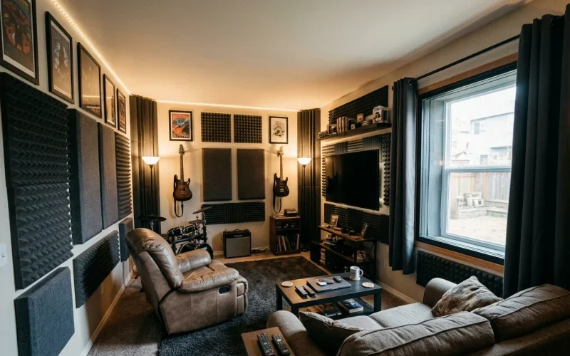 An image depicting a man cave, focusing on sound proofing walls and windows of the man cave