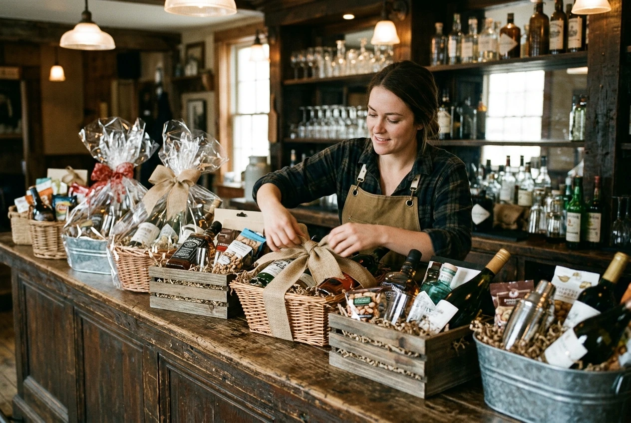 Show various types of liquor gift baskets placed along a rustic bar with a nice looking barmaid adding finishing touches to a gift basket.