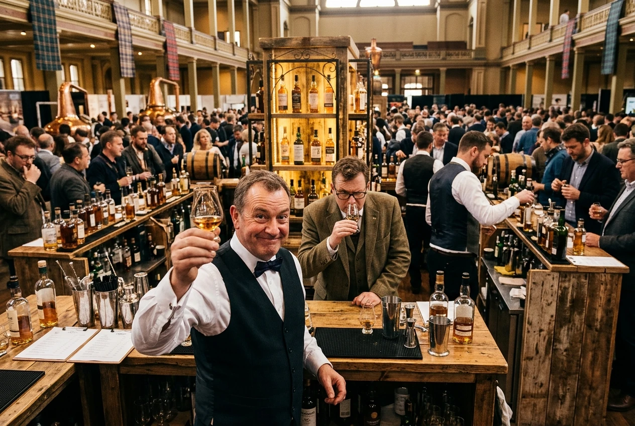Create a fun, vibrant and highly detailed image depicting a lively whiskey and whisky show inside a large, atmospheric exhibition hall. Rows of impressive tasting booths display premium whiskey bottles from Scotland, Ireland, America and Japan. Enthusiastic whisky lovers explore the stands, chat wit