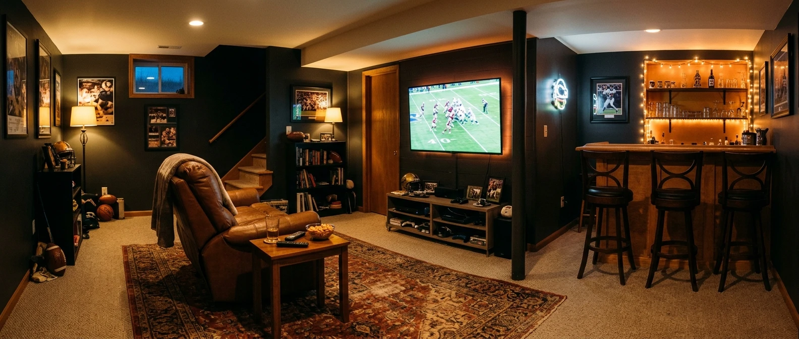 A finished basement man cave at dusk: a worn brown leather recliner facing a wall-mounted TV showing a football game, warm amber lamp light, a small wooden bar with three stools at the back, dark walls and a rug underfoot.