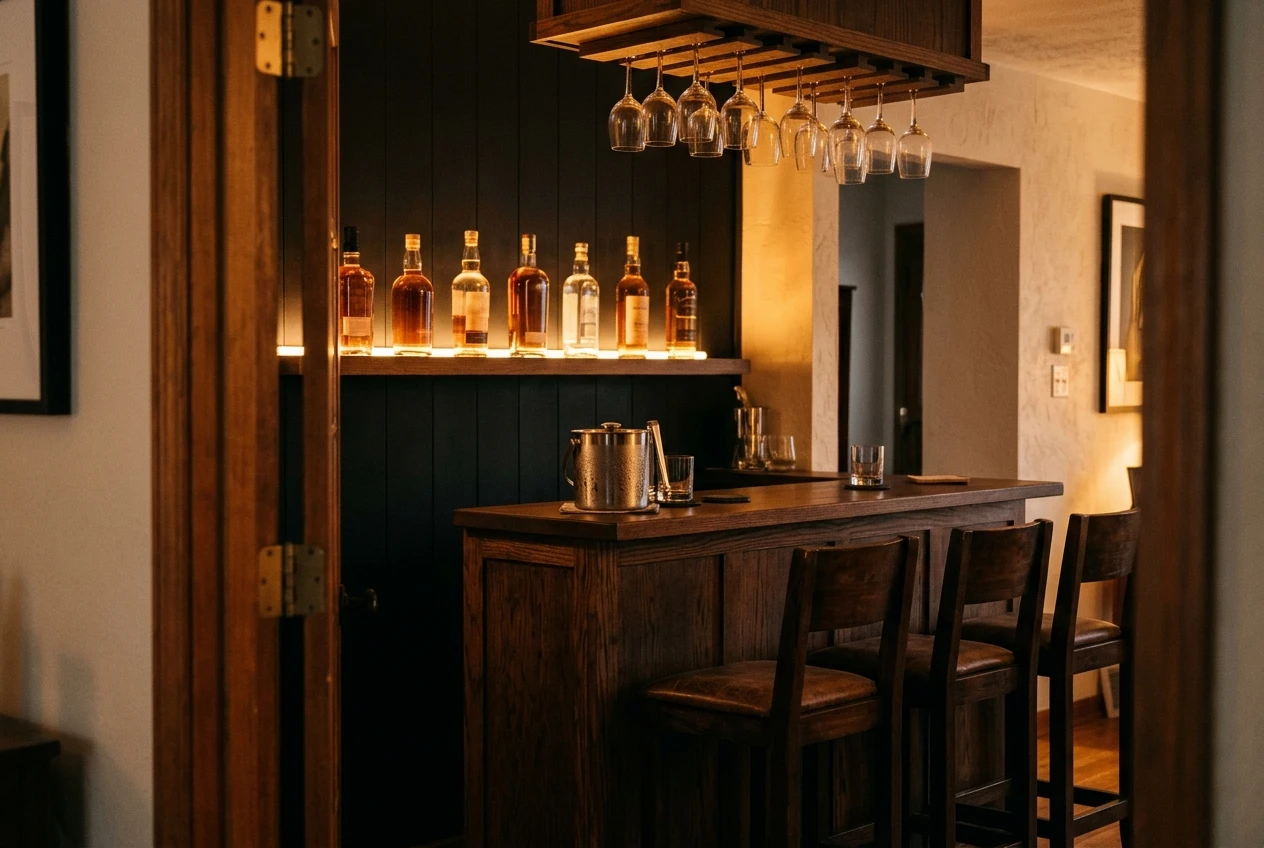 A compact wooden home bar counter with three stools set back from a doorway, a shelf of six carefully chosen bottles on a lit wall shelf, glasses hanging above, and an ice bucket on the counter, warm tungsten light on dark wood.