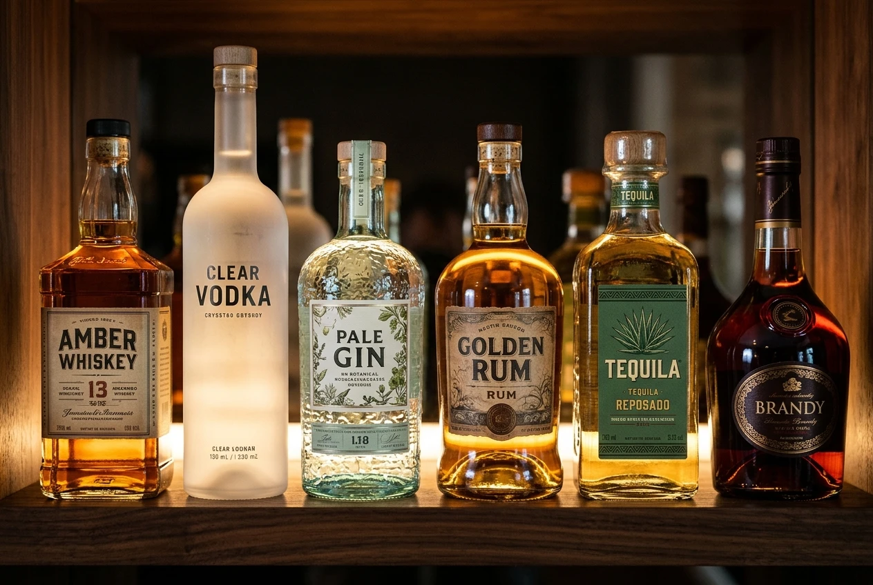 Six bottles lined up on a dark walnut shelf, one for each spirit: amber whiskey, clear vodka, pale gin, golden rum, tequila with an agave-green label, and a round-bottomed brandy, lit from behind with soft amber light.