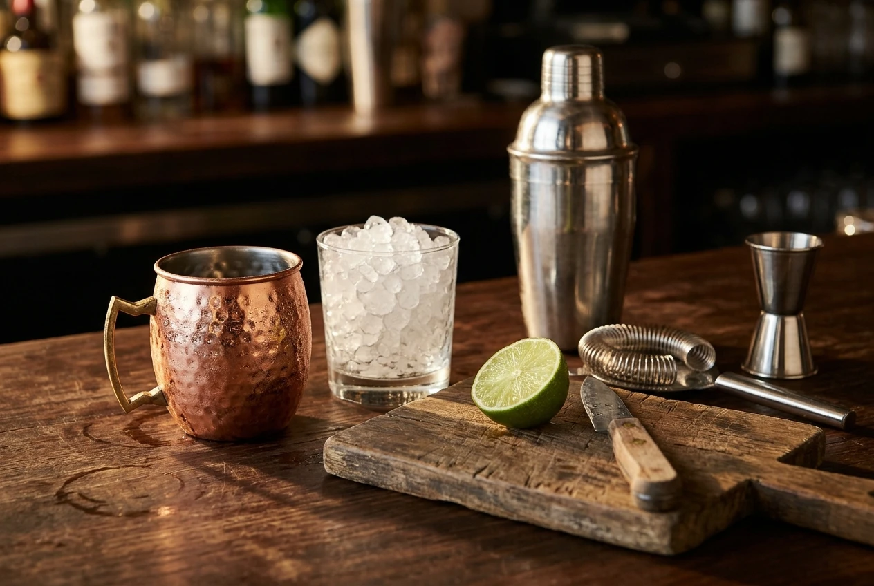 A bar top with a steel cocktail shaker, strainer, jigger, a wooden cutting board with a knife and a lime half, and a copper Moscow mule mug beside a glass of clear nugget ice, shot in warm side light.
