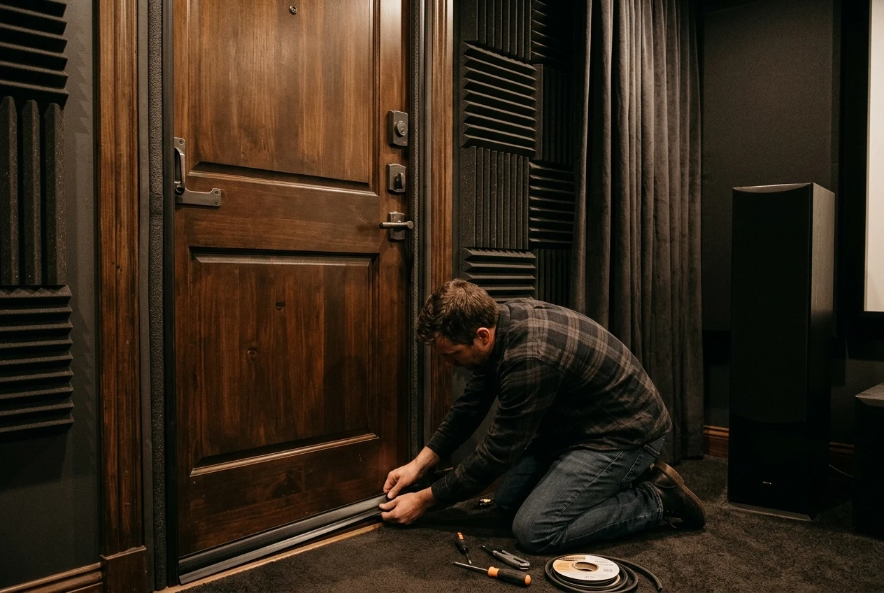 A man cave door being sealed: a heavy solid door with weatherstripping along its frame and a draft strip at the bottom, beside a wall with thick acoustic panels and a heavy curtain, a floor speaker standing nearby in dim light.